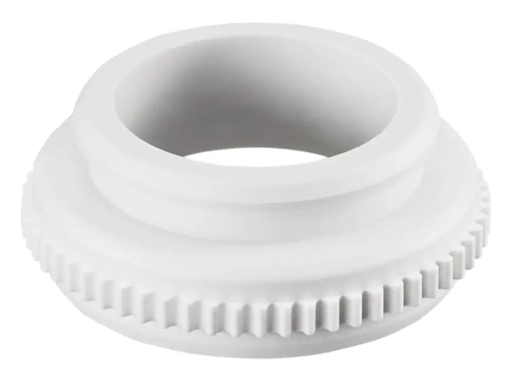 Weißer Ventiladapter mit Gewindeanschluss und gezahnter Kante, hergestellt von Oventrop, geeignet für Heizungsinstallationen.